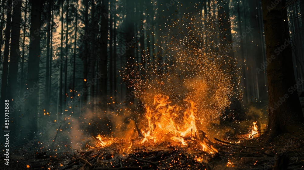 Nighttime forest with large fiery bonfire and sparking embers Nighttime forest with large fiery bonfire and sparking embers