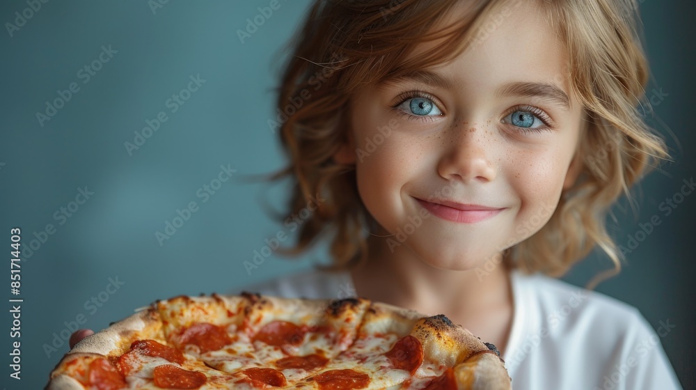 portrait of a handsome cute long-haired Caucasian boy 6-8 years old holding a large appetizing pizza in his hands, studio shot blue background portrait of a handsome cute long-haired Caucasian boy 6-8 years old holding a large appetizing pizza in his hands, studio shot blue background