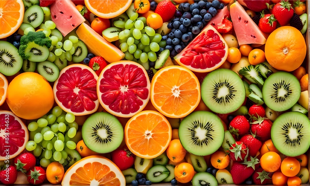 colorful fruits and vegetables arranged in a pattern on a bright background colorful fruits and vegetables arranged in a pattern on a bright background