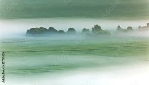 Misty morning in the fields, focusing on the detail of mist hovering low over the lush green fields at dawn.