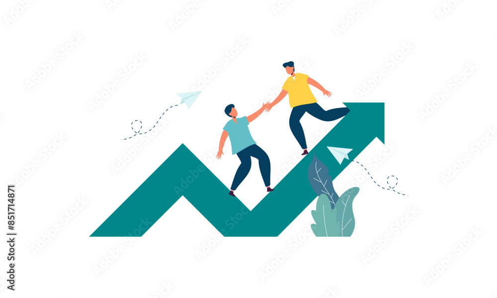 Goal-focused, support and teamwork, help in overcoming obstacles illustration Goal-focused, support and teamwork, help in overcoming obstacles illustration