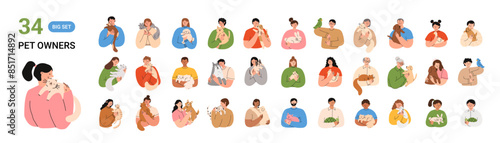 People with their pets. Happy domestic animal owners. Big set of people holding cats, dogs, rabbits, hamsters, turtles. Flat vector illustration isolated on a white background.