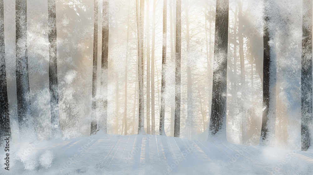 Naklejka premium Frosted Trees in Snowy Woods, Abstract Cold Weather Scene