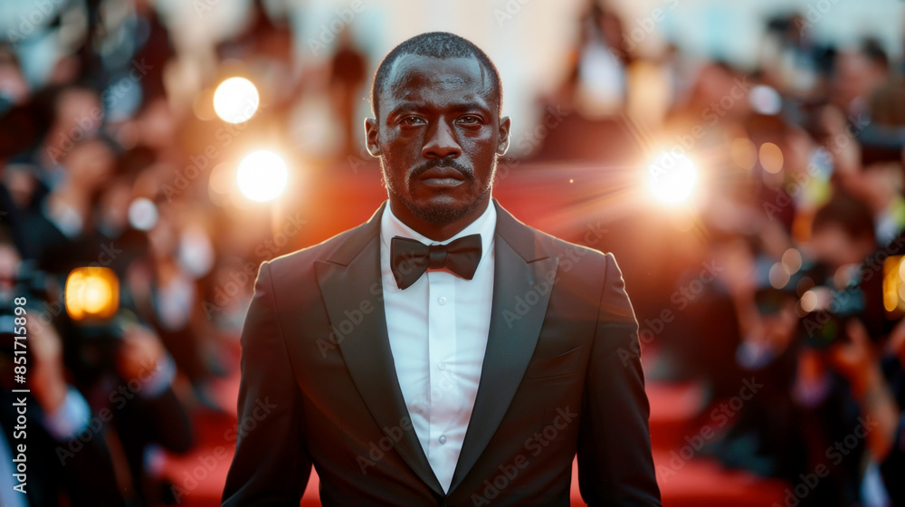 Fototapeta premium African American actor on red carpet, a lot of press filming