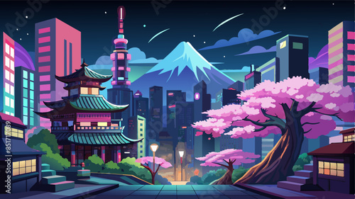 Fantasy Japanese night view city citycape, neon light, residential skyscraper buildings, pink cherry sakura tree. Night urban anime fantasy.