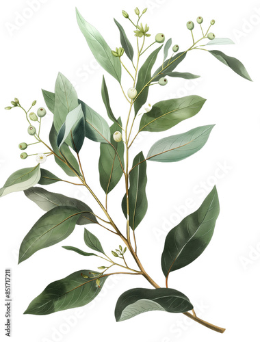 Eucalyptus branch isolated on transparent background, old botanical illustration, leaves