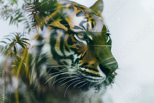 Double exposure photograph of a tiger�s face overlaid with a tropical forest emphasizing the connection between wildlife and nature with copy space for text, Generative AI
