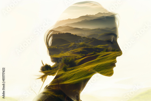 Double exposure photograph of a woman�s profile blended with rolling hills and open meadows with the landscape complementing her features with copy space for text, Generative AI