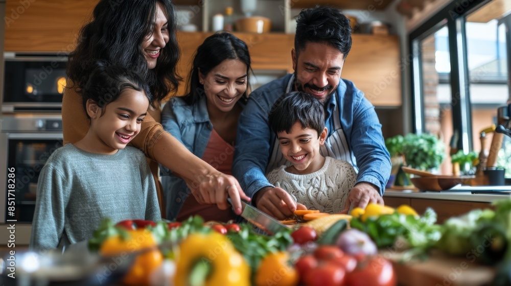 Smiling Hispanic parents and children preparing a meal together with joy Smiling Hispanic parents and children preparing a meal together with joy