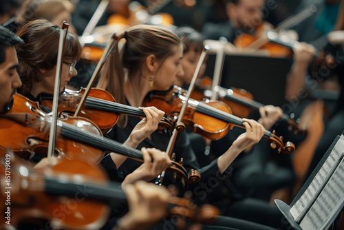 Violinists play in a concert orchestra