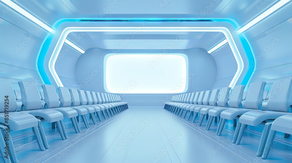 Futuristic spaceship interior with sleek white chairs and blue lighting, showcasing modern sci-fi design and advanced technology. Futuristic spaceship interior with sleek white chairs and blue lighting, showcasing modern sci-fi design and advanced technology.