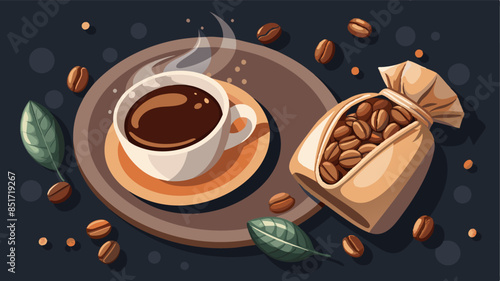 Top view of Cup of coffee and coffee beans in a sack on dark background.