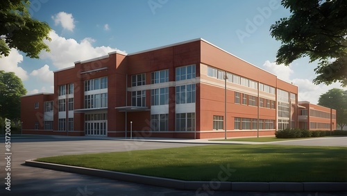 School building exterior design, full light red color theme, real estate school exterior front elevation design, bright sunny day 
