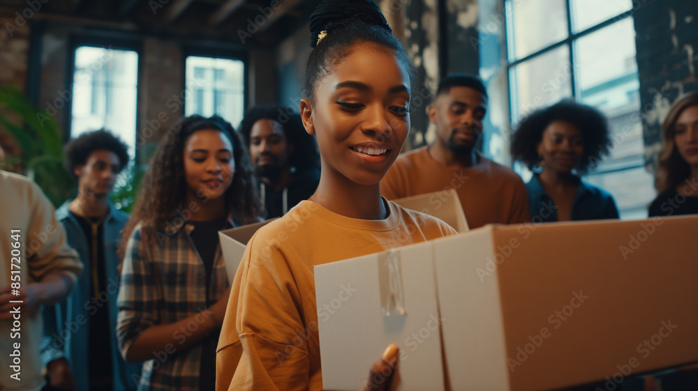 Moving Office Together: Woman and Friends Holding Boxes
Moving Office Together: Woman and Friends Holding Boxes