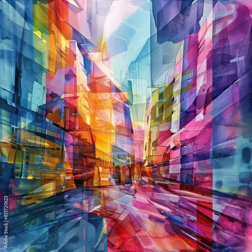 Spectacular watercolor painting of an abstract urban. Digital art 3D illustration #851720623