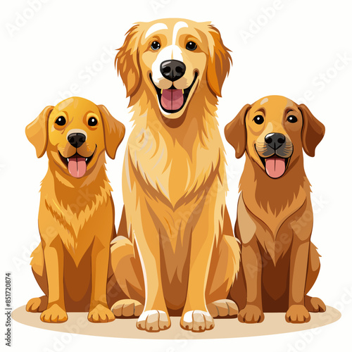 Collection of three dogs, happy golden retrievers set (portrait, sitting and standing) isolated on white background 