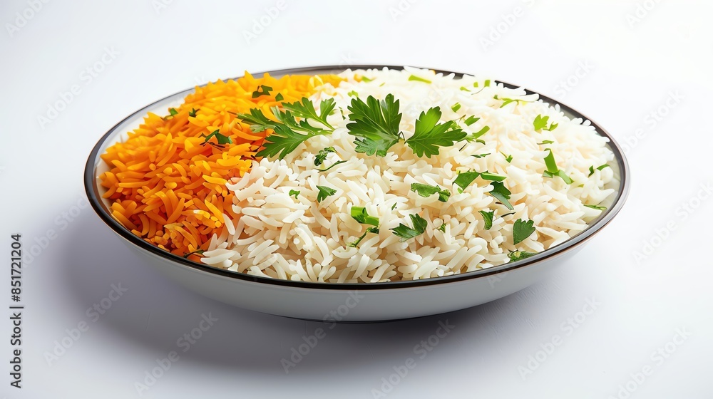 A beautifully arranged plate of tricolor rice in the colors of the Indian flag A beautifully arranged plate of tricolor rice in the colors of the Indian flag