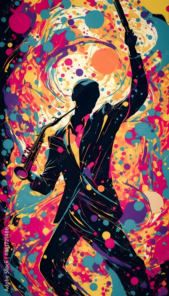 A vibrant, abstract illustration of a saxophone player in a suit, surrounded by colorful swirling patterns and dots. International Music Day. A vibrant, abstract illustration of a saxophone player in a suit, surrounded by colorful swirling patterns and dots. International Music Day.