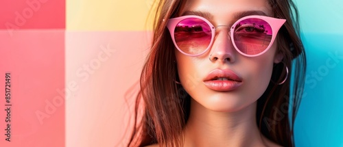 Close-up advertising photo of a woman with pink sunglasses and a colorful background, featuring empty copy space