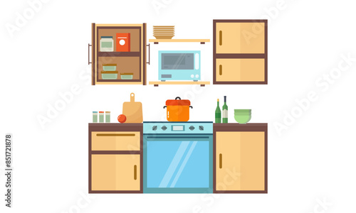 Home kitchenware, food and devices in color vector flat illustration