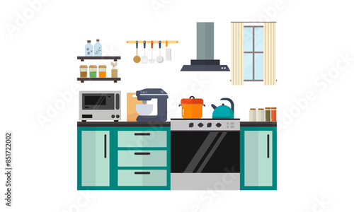 Home kitchenware, food and devices in color vector flat illustration