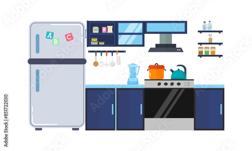 Home kitchenware, food and devices in color vector flat illustration