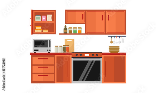 Home kitchenware, food and devices in color vector flat illustration