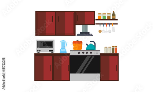 Home kitchenware, food and devices in color vector flat illustration