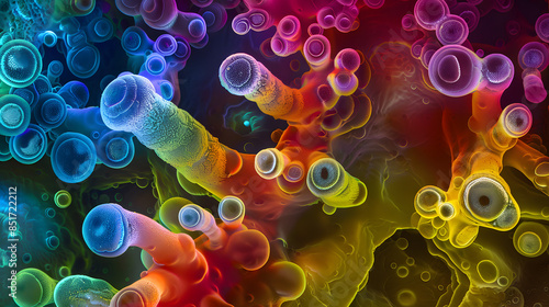 Beautiful microworld, microbes of different shapes and color, 3D illustration