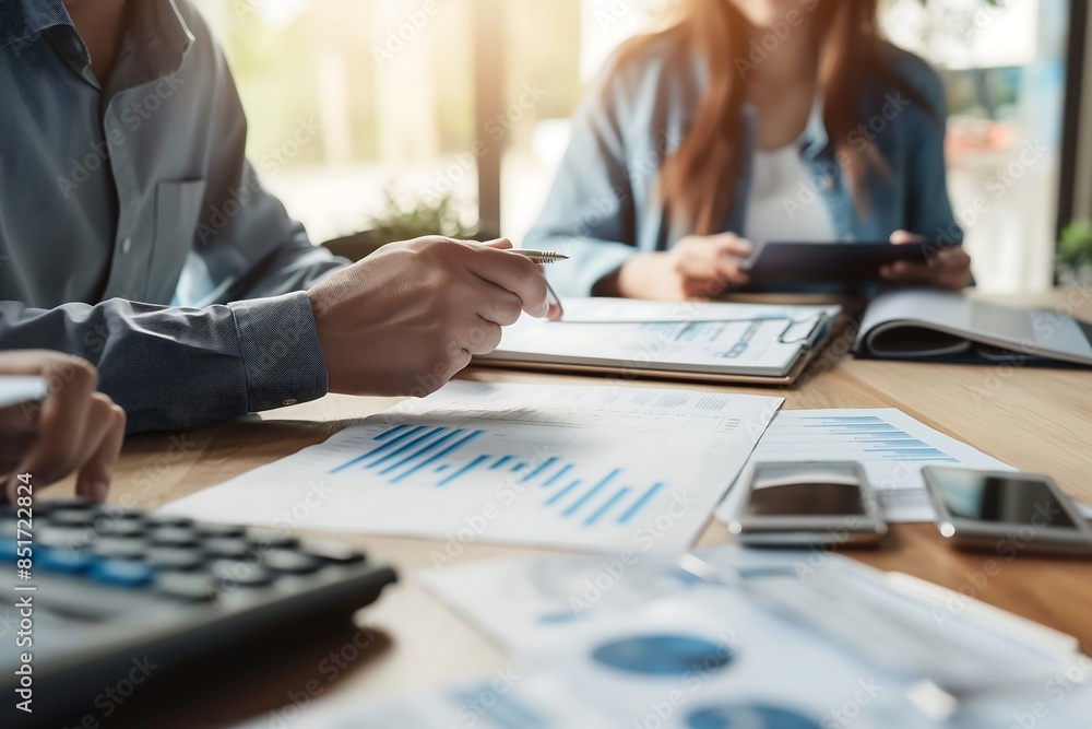 Photo realistic financial advisor discussing tax strategies with clients using documents and charts in a well-lit office Photo realistic financial advisor discussing tax strategies with clients using documents and charts in a well-lit office