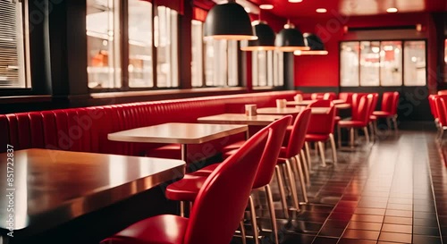 A restaurant with red interior chairs and counter