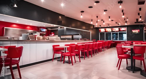 A restaurant with red interior chairs and counter