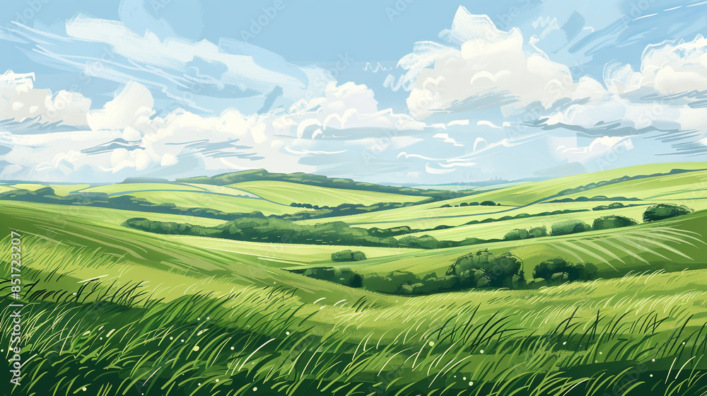 Fototapeta premium A illustration of a green grass field with a blue sky and clouds. 