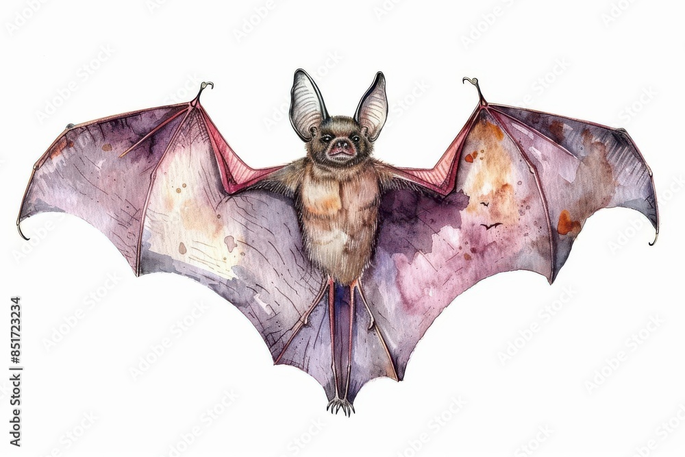 Obraz premium A bat clipart, Halloween creature, watercolor illustration, dark tones, isolated on white background