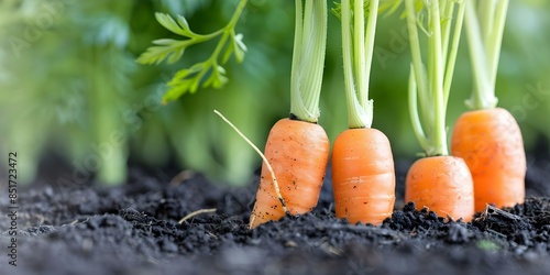 Organic Carrot Growing in Garden Soil A Closeup View. Concept Gardening, Organic Farming, Vegetables, Soil Health, Closeup Photography