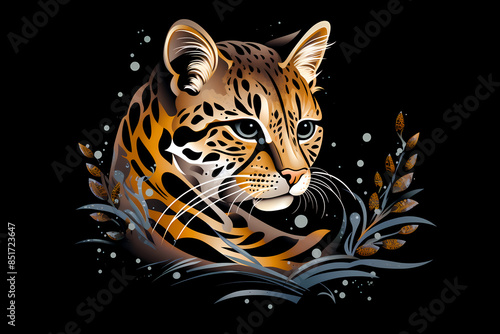 Portrait of an ocelot surrounded by abstract leaves on a black background. Wildlife and artistic design 