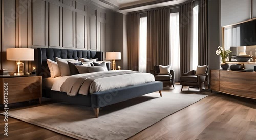 Master bedroom design with high end furniture, wooden floors and modern carpet