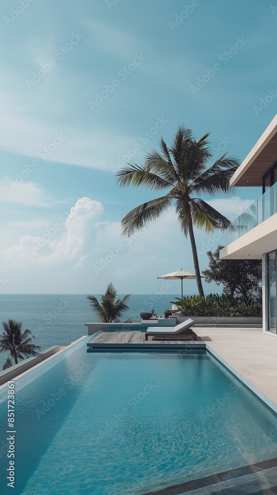 Fototapeta premium A Modern Pool Villa Overlooking The Ocean. 