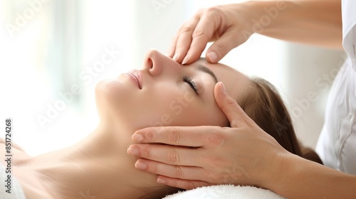 Relaxing facial massage in a spa setting by professional therapist. This image captures a peaceful moment of a woman receiving a rejuvenating treatment.I