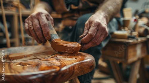 Close-up of a craftsman's hands meticulously applying finish to a wooden chair, highlighting the craftsmanship and dedication in woodworking.
