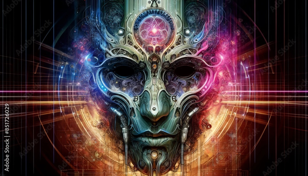 A detailed, close-up image of an abstract cybernetic mask with intricate glowing patterns and mechanical details, exuding a futuristic vibe. A detailed, close-up image of an abstract cybernetic mask with intricate glowing patterns and mechanical details, exuding a futuristic vibe.