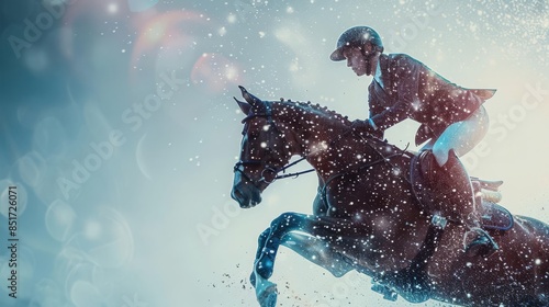 Equestrian, close up on jump, copy space, bright tones, and double exposure silhouette with show jumping.