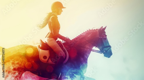 Silhouette of a female equestrian riding a horse in a colorful background photo