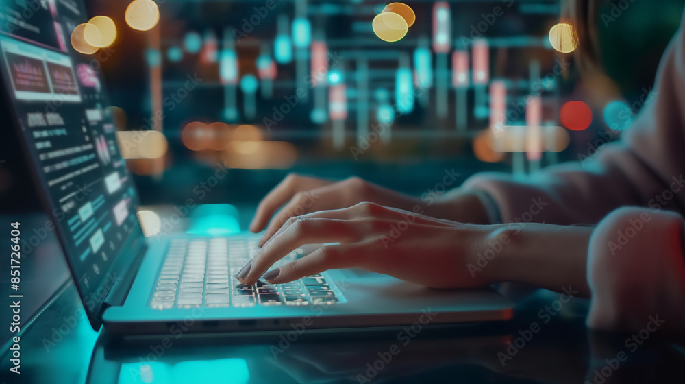 A womanâs hands typing on a laptop keyboard, with a backdrop of virtual meetings and digital business charts, symbolizing remote work and technological advancement. A womanâs hands typing on a laptop keyboard, with a backdrop of virtual meetings and digital business charts, symbolizing remote work and technological advancement.