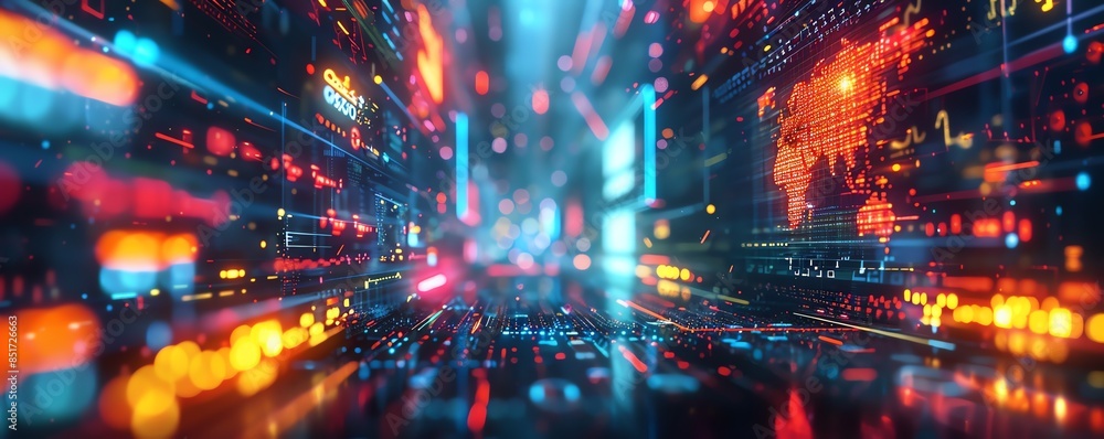 Fototapeta premium Futuristic digital data stream and analytics in cyber space integration, showcasing global networking and information flow.