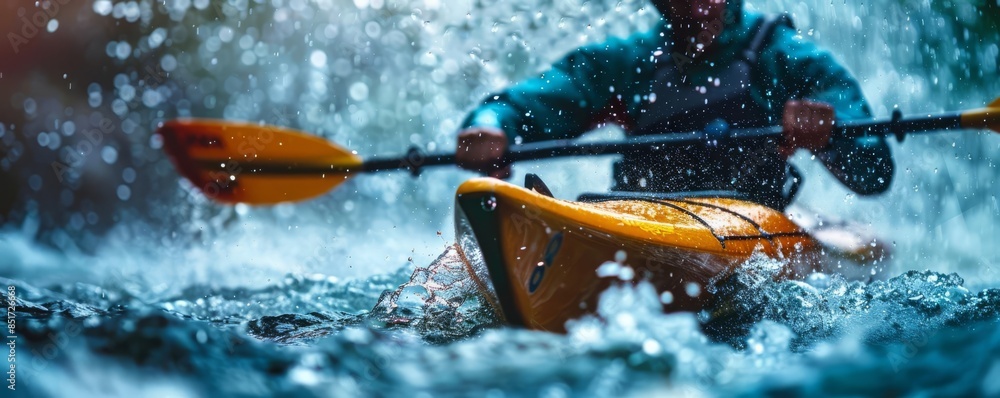 Fototapeta premium Canoe Slalom, close up on paddles, copy space, vibrant tones, Double exposure silhouette with whitewater