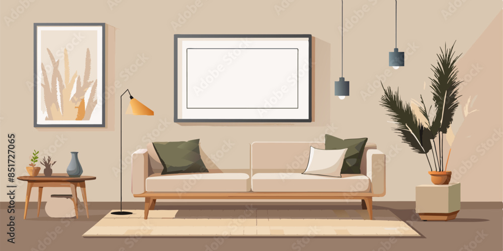 Blank horizontal poster frame mock up in scandinavian style living room interior, modern living room interior background, beige sofa and pampas grass, 3d rendering Blank horizontal poster frame mock up in scandinavian style living room interior, modern living room interior background, beige sofa and pampas grass, 3d rendering