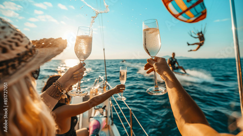 Friends raising their champagne glasses in a celebratory toast on a yacht, with parasailing and jet skiing activities happening in the water nearby. photo
