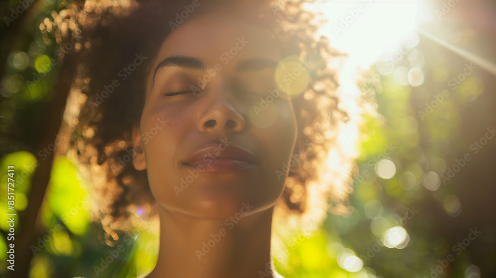 Close-up of a womanâs face, deeply relaxed in a group meditation in a tranquil forest, with sunlight highlighting her peaceful expression. Close-up of a womanâs face, deeply relaxed in a group meditation in a tranquil forest, with sunlight highlighting her peaceful expression.
