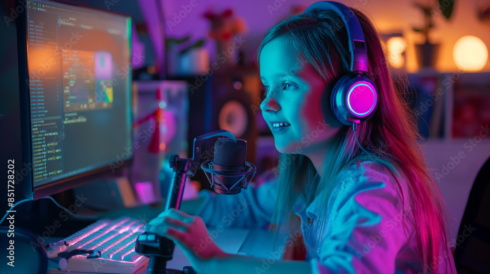 A young girl with a professional microphone setup, colorful RGB lighting illuminating her desk as she blogs about her day. A young girl with a professional microphone setup, colorful RGB lighting illuminating her desk as she blogs about her day.